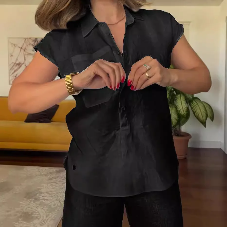 Camicia estiva in cotone e lino con tasca a maniche corte Pantaloni a gamba larga Set da due pezzi Abiti da pendolarismo alla moda da donna Set casual in tinta unita