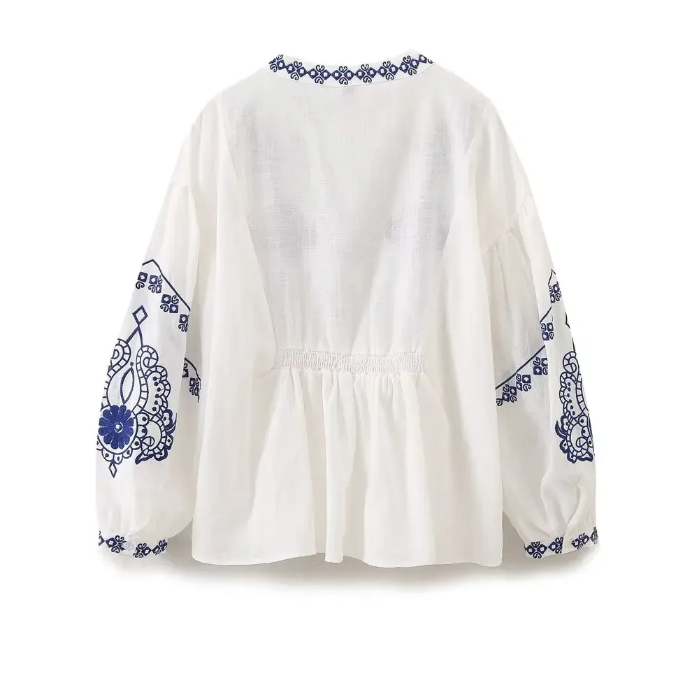 ヴィンテージ気質 V ネックの女性のファッションルーズペプラムシャツ女性のエスニックスタイル刺繍文学長袖シャツ