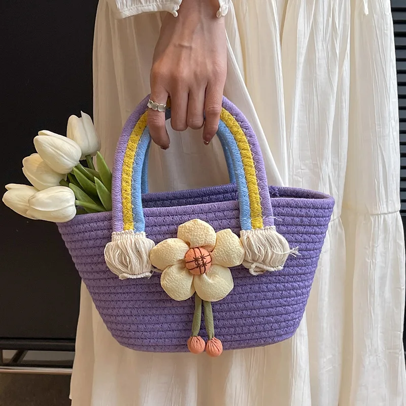 Handbags Women's Woven Weaving Casual Shopping Bag Fashion Tote Rainbow Cotton Rope Hand Bag Lady Birthday Banquet Flower Basket