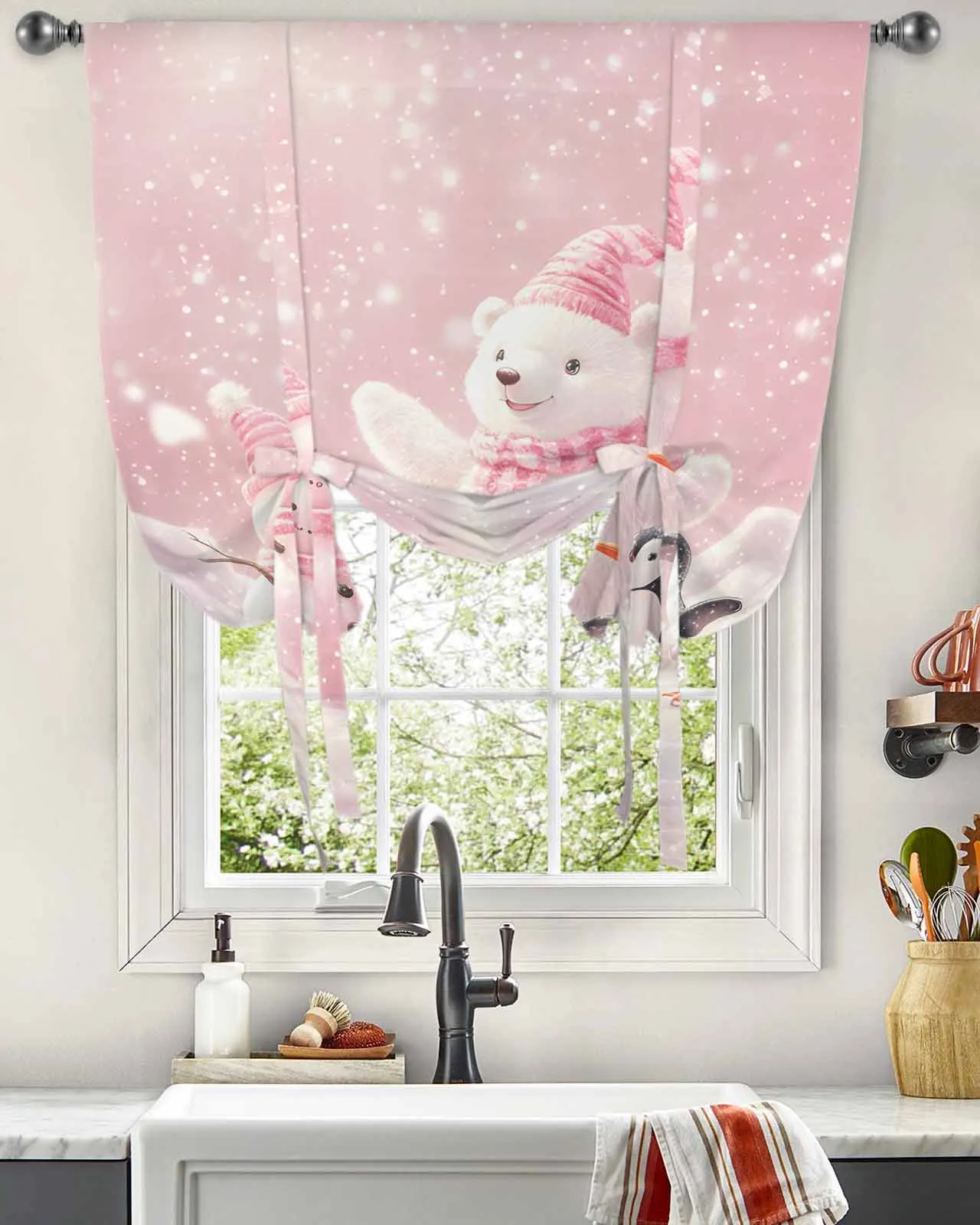 Christmas White Bear Penguin Snowman Pink Short Balloon Curtain Tie Up Valance Home Bedroom Kitchen Decor Window Curtain