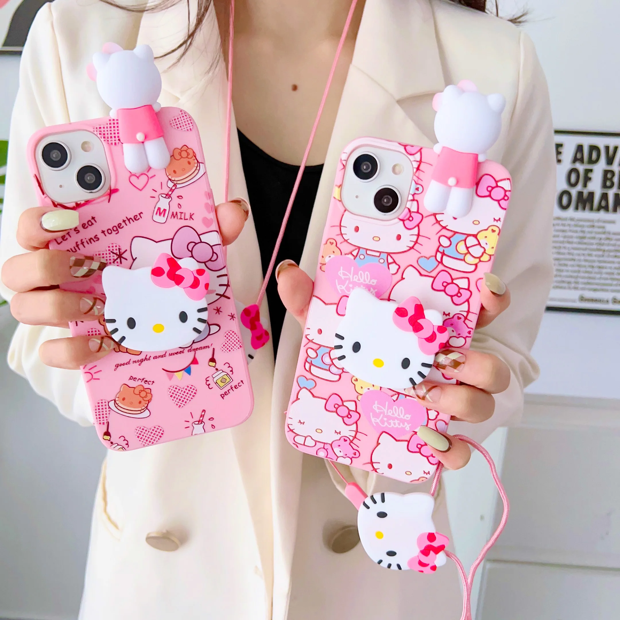 For Samsung Galaxy S7 Edge S8 S9 S10 S20 S21 S22 S23 Plus Ultra S21FE Note 9 10 20 Hello Kitty Phone Case With Holder Rope