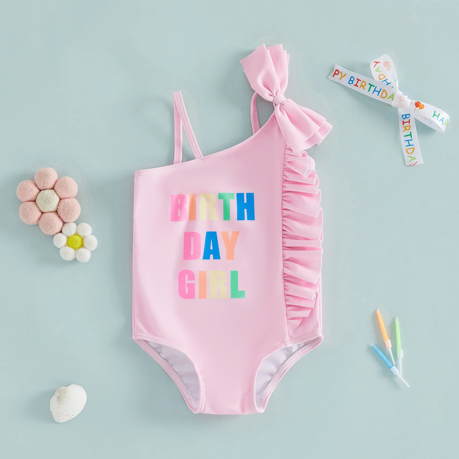 Kids Girl Swimsuits Letter Print Asymmetrical Bow Ruffles Sleeveless Swimwear for Toddler Bathing Suits Beachwear view 2