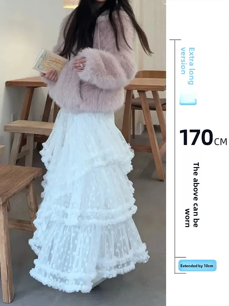 

Пышная юбка с высокой талией и кружевными вставками, длинная белая юбка-миди для высоких женщин, весна-осень