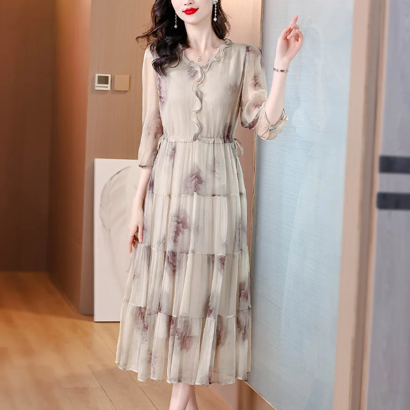 2024 Summer New Silk Short Sleeves V-Neck Dress Women\'s Printed Loose Large Mesh Spliced Slim Knee Length A-line Long Dress