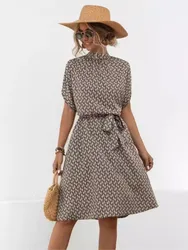 New Print Women's Dress Summer Elegant Fashion O Neck Short Sleeve Lace Up Office Beach Party Dresses Female Casual Vestidos