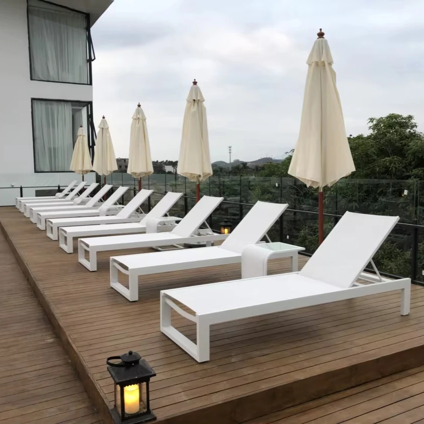 

Modern Mesh Fabric Sun Lounger With Aluminum Frame for Beach Garden Patio Hotel Resort Poolside Durable Sunlounger
