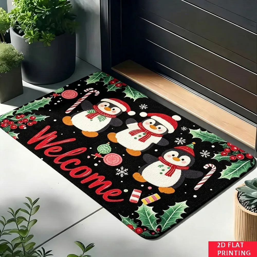 Penguin Welcome Christmas Mat Black Background Holly Berry Candy Cane Print Non Slip Indoor Entrance Rug For Festive Holiday