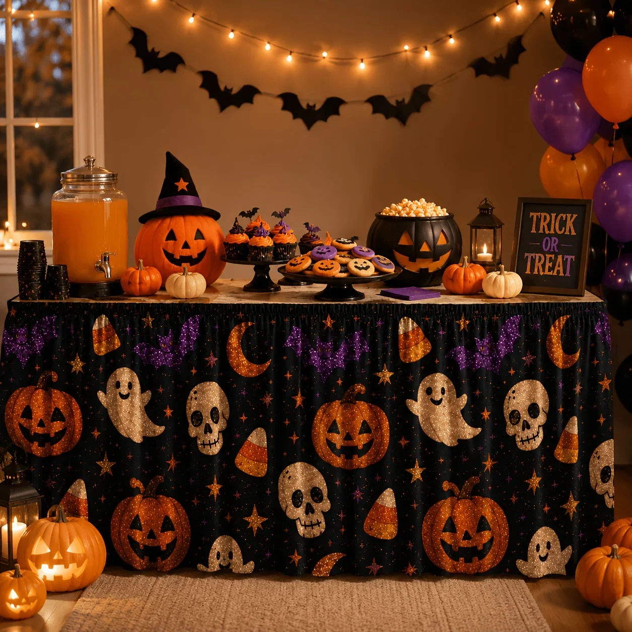 One black Halloween table skirt with pumpkin lanterns, skulls, bats, candies, corn, moon and stars patterns