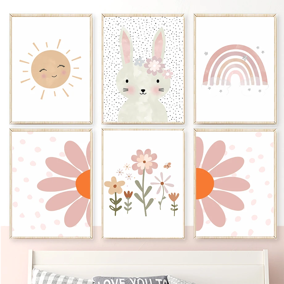 Boho-Kaninchen-Blumen-Sonne-Regenbogen – rahmenlose Leinwand für Kinderzimmer, Schlafzimmer, Wanddekoration
