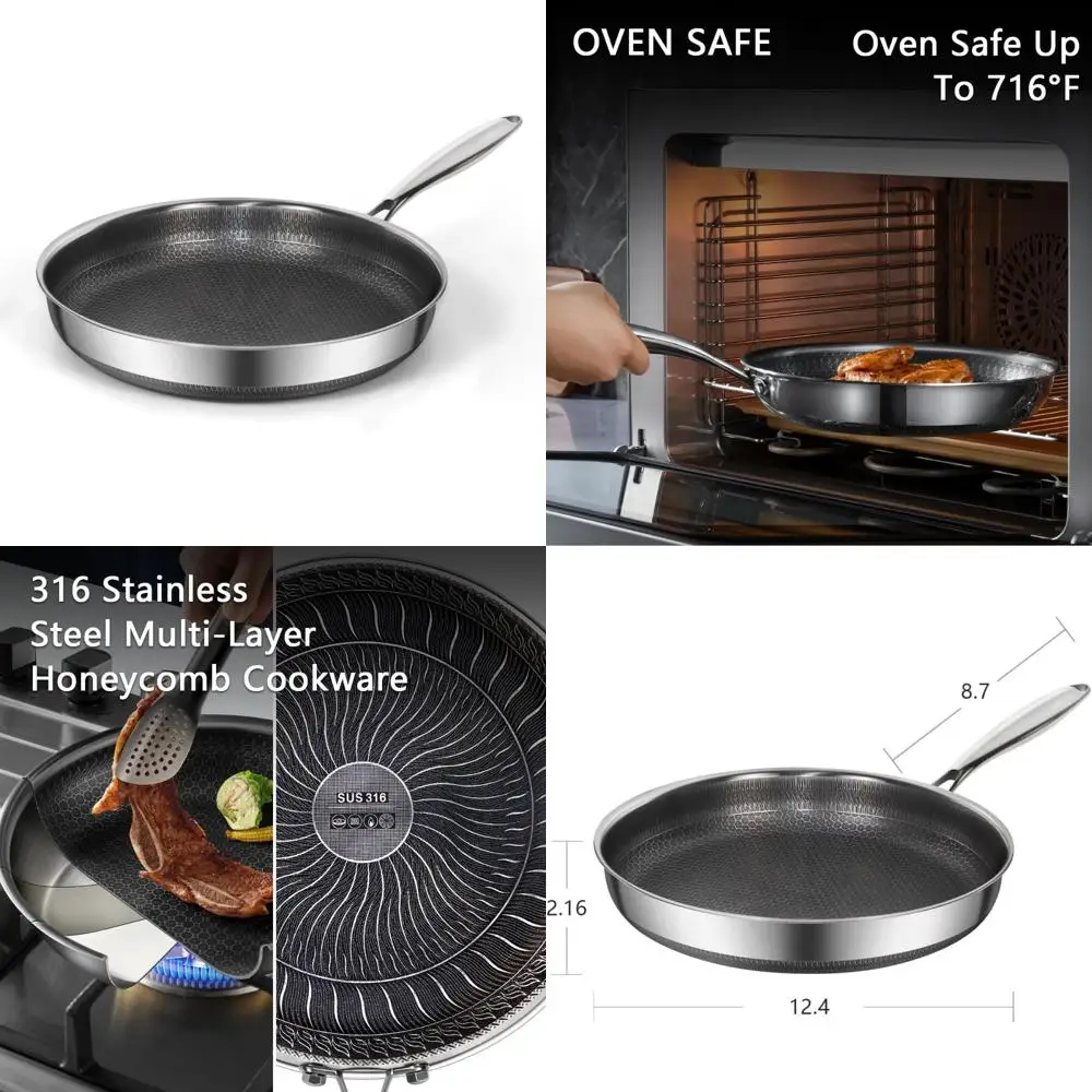 

Сковорода из нержавеющей стали с антипригарным покрытием, 12,4 дюйма, без PFOA, крутая ручка, легко чистится, подходит для индукционных варочных панелей, больших куриков