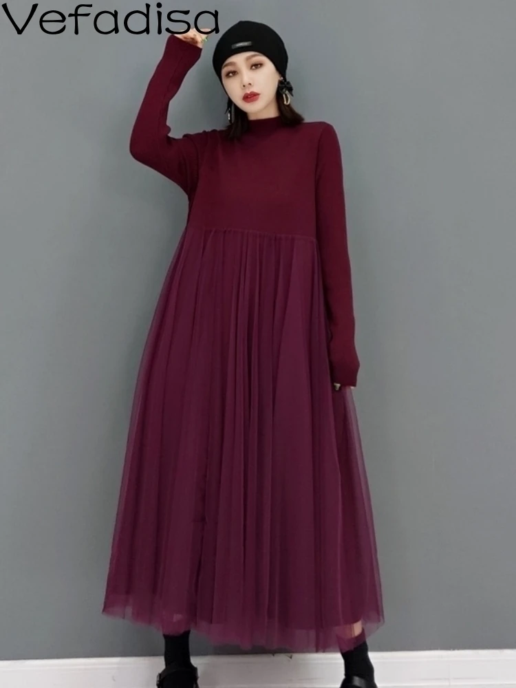 Women Long Sleeves Crew Neck Dress Loose Mid-length Solid Color Sweater Splicing Mesh Inside Dress 2024 Spring Autumn LHX1325