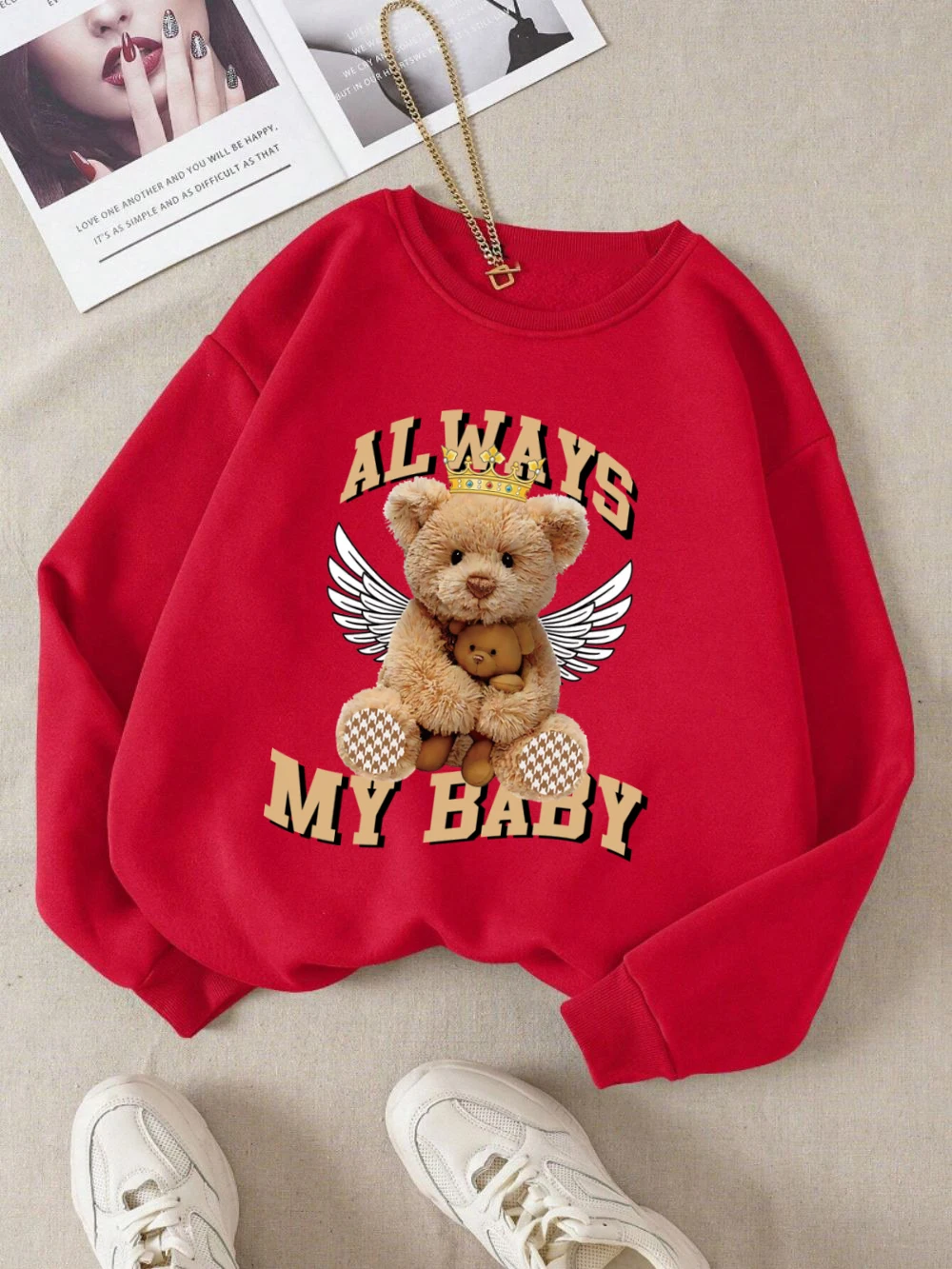 Always My Baby Sweatshirts Womens Angel Bear Printing Hoodies Crewneck Loose Fleece Warm Tops Autumn Comfortable Woman Clothes