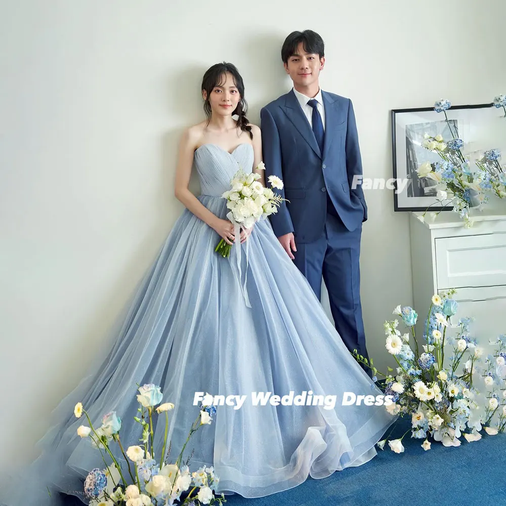 Fancy Princess Blue Sweetheart Wedding Dress Korea Photoshoot A Line Soft Tulle Bridal Gown Floor Length Back Corset Customized