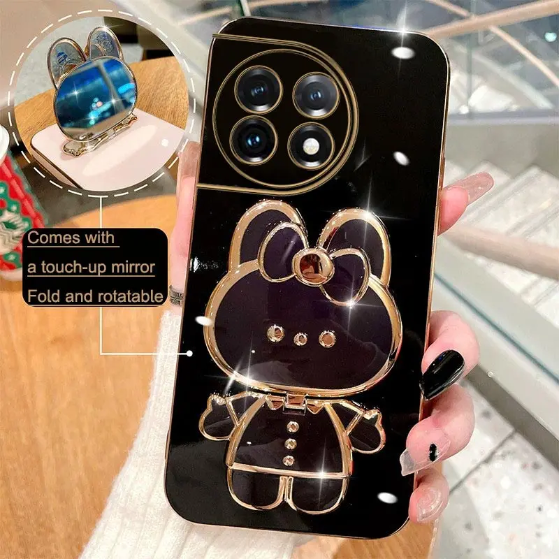 Rabbit Mirror Bracket Phone Case For Oneplus 11 11R 10 10R 10T 9R 9RT 9 8T 8 7 7T Pro NORD 2 5G Plating Holder Silicone Cover
