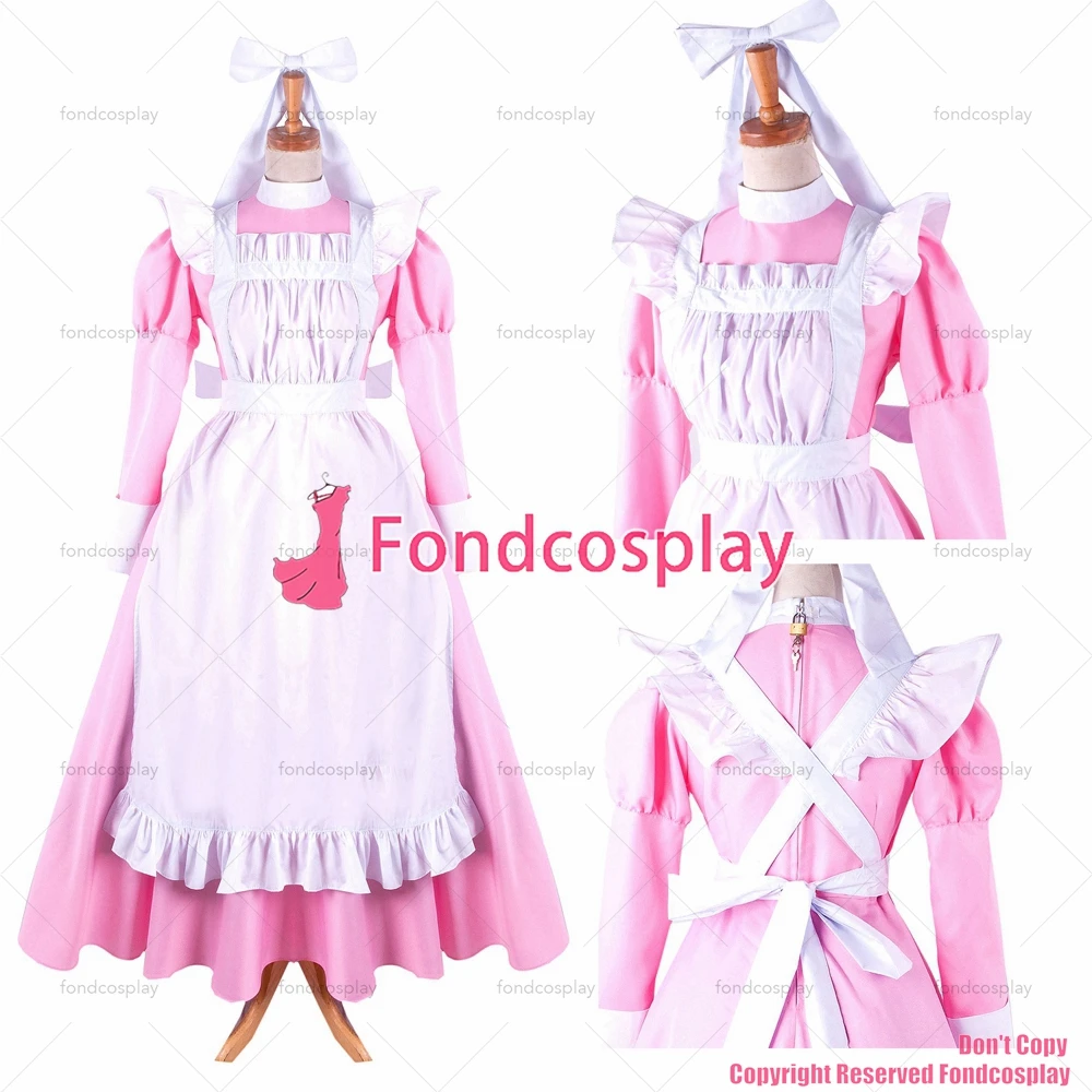 

fondcosplay adult sexy cross dressing sissy maid long baby pink Dress Lockable Uniform white apron Costume CD/TV[G1411]