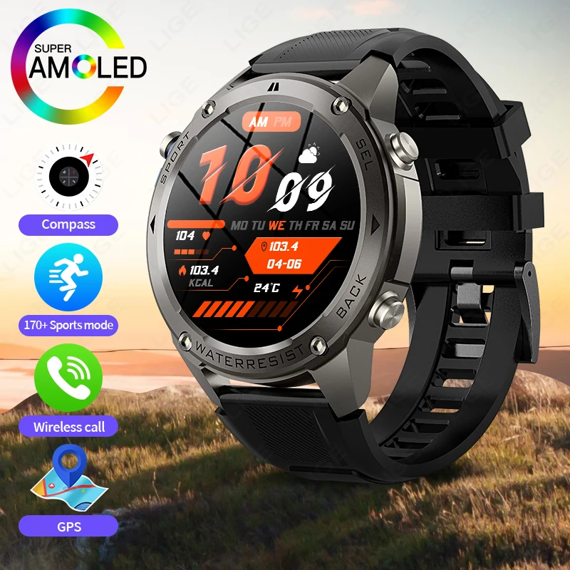 

LIGE Smart Watch Wireless Calling GPS Function AMOLED Full-Touch HD Display 5ATM Waterproof 170+ Sports Modes Men Smart Watch