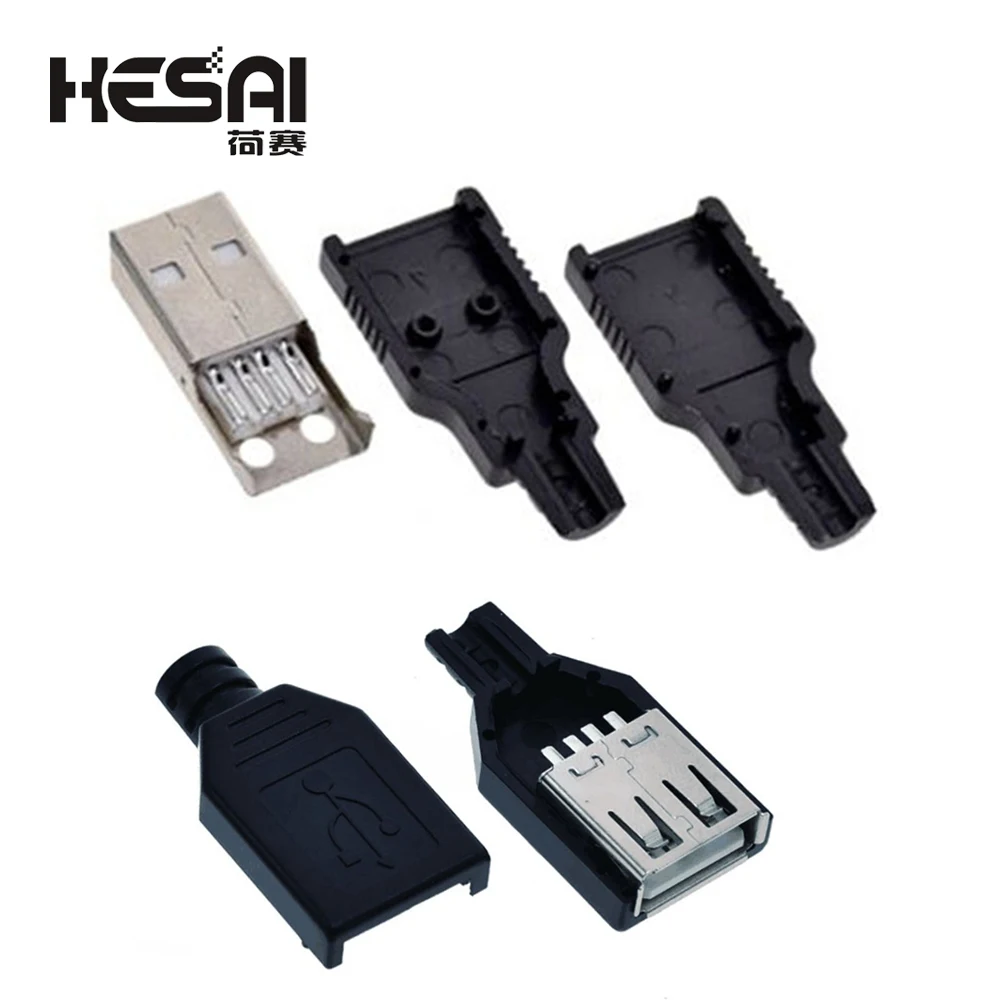 Conector USB 2.0 macho e fêmea com tampa de plástico preto, 4 pinos Plug, adaptador, Kit DIY, tipo A, 1, 5, 10 Set