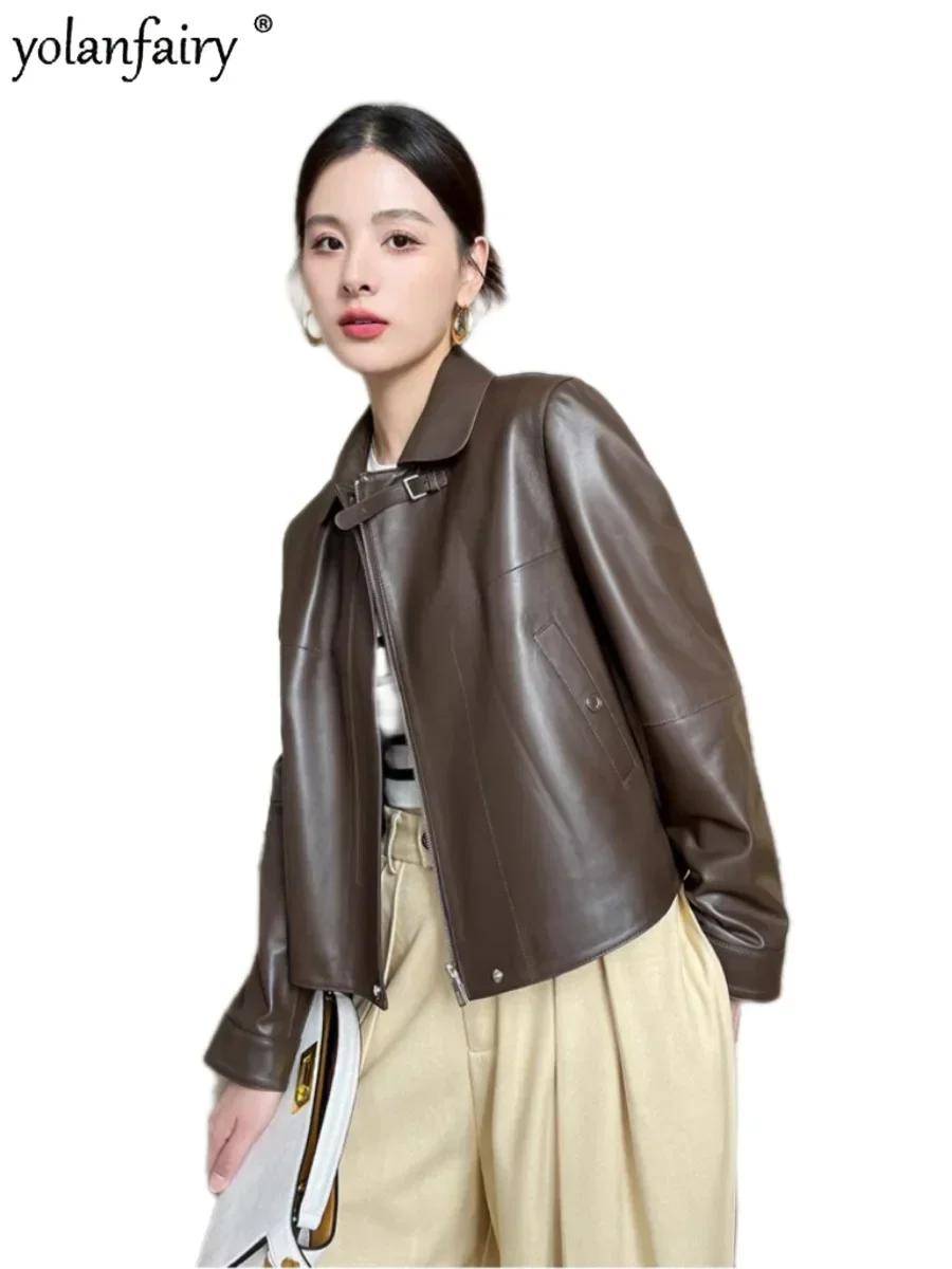 Veste en cuir véritable pour femme, manteau en peau de mouton, col carré, court, mode polyvalente, vêtements d'extérieur, vêtements féminins, automne, nouveau, 2023