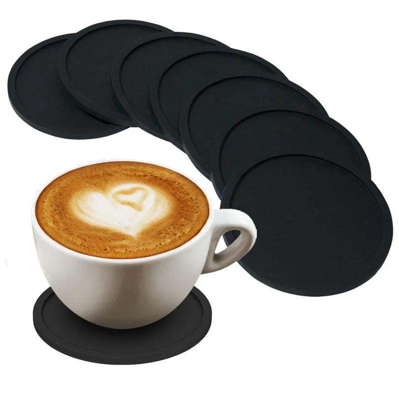 8Pcs ซิลิโคนสีดำเครื่องดื่ม Coasters ลื่นนุ่มทรงกลมที่รองของร้อนที่สมบูรณ์แบบสำหรับบาร์และ House,ทนทานทำความสะอาดง่ายสีดำ