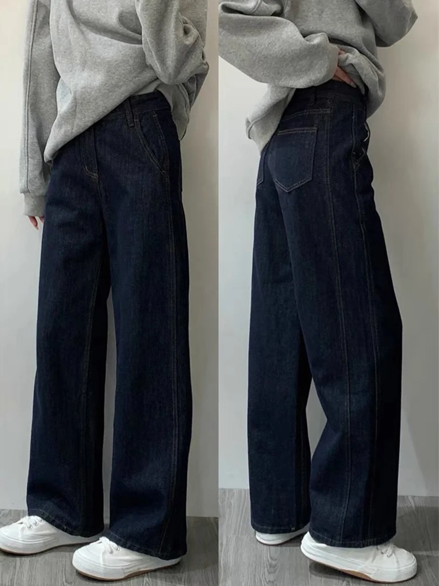 

Retro Deep Blue Denim Jeans Women's Loose Wide Leg Pants High Waist Straight Leg Trousers for Pear Shaped plus Size Ladies