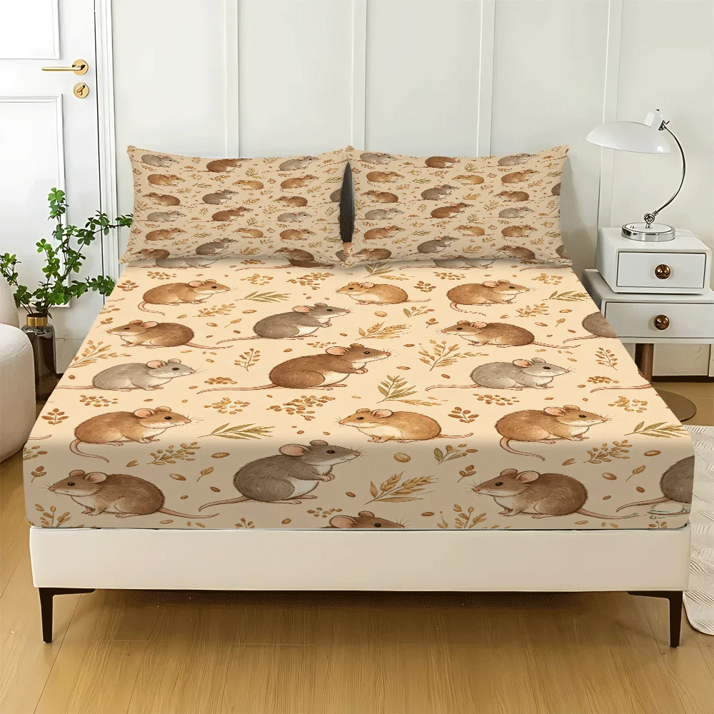3-Piece Mattress Protector Set, 1 Fitted Sheet + 2 Pillowcases (Without Filling) 2D Flat Printing, Mattress Cover, Cute Mouse Halloween Party Night Design. Suitable for All Seasons, Machine Washable and Easy to Care For, Suitable for Home Bedrooms, Essential for Dormitories and Rentals, Master Bedroom and Guest Room Decoration, Dust-Proof and Stain-Resistant, High Elasticity, Fits Various Sizes