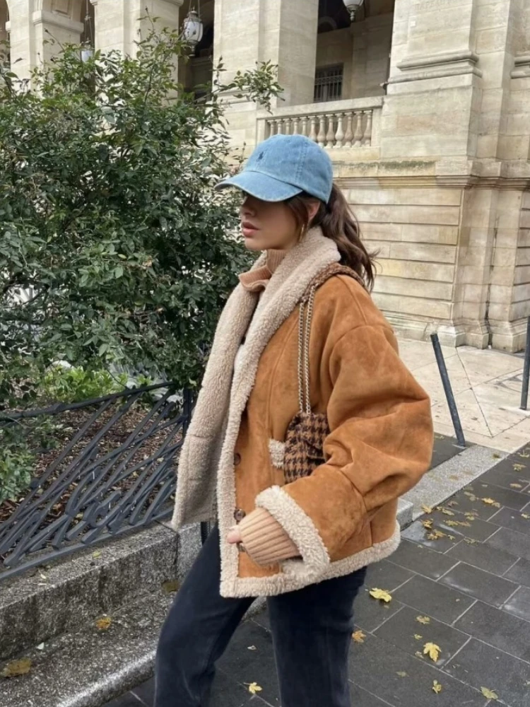 Vintage Autumn Winter Women's Wool Coat Lapel Loose Leather and Fur Top Fleece Lining Button Cardigan Long Sleeves Streetwear