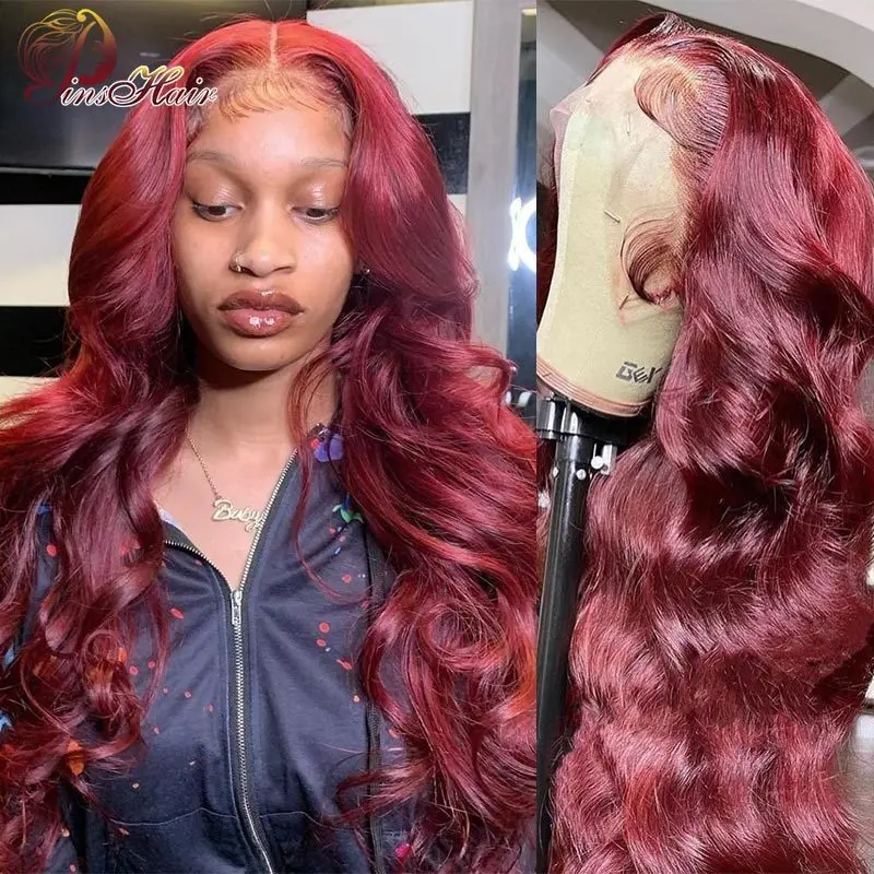 

99J Color 13X4 Lace Front Human Hair Wigs Body Wave 13x6 HD Transparent Lace Frontal Wig 99J Remy Human Hair Pre Plucked 180%