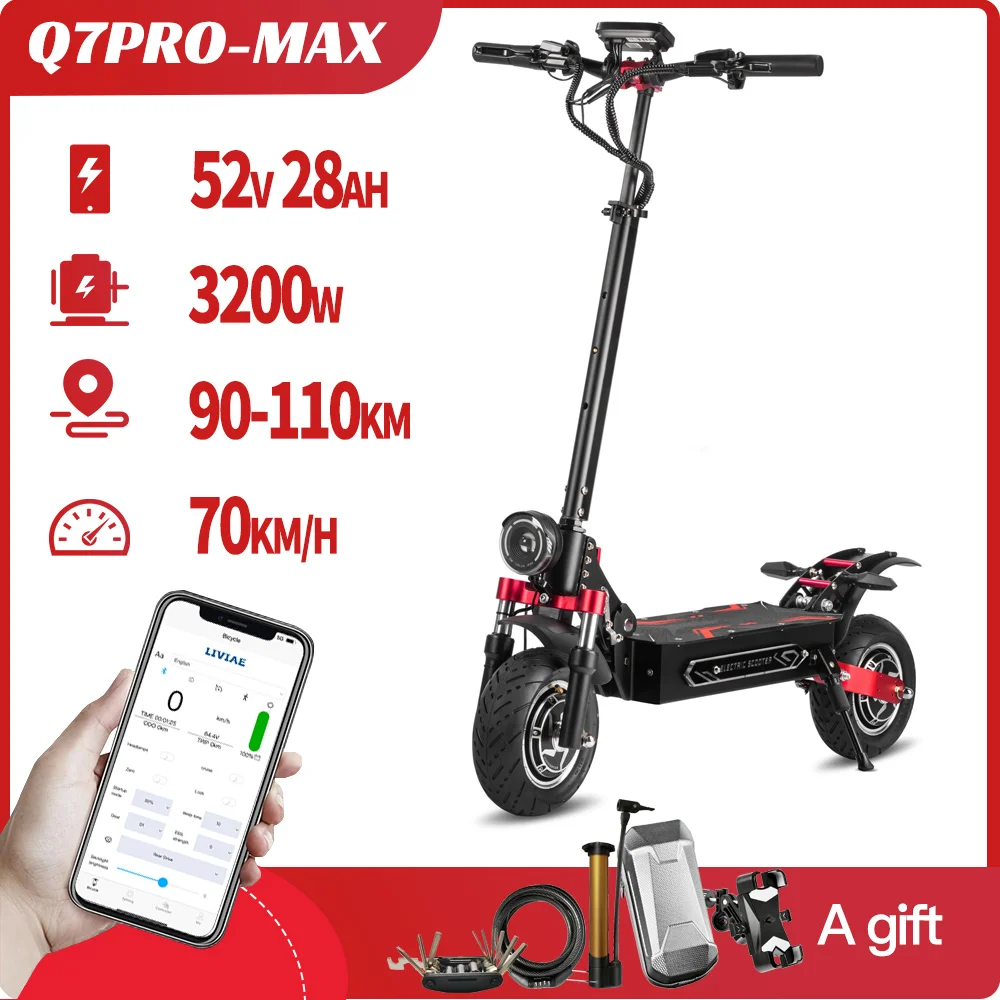 3200W Electric Scooter With Seat 52V 28AH 36MPH Folding EScooter For Adult 90-110KM Range 10'' Vacuum Tires EScooter With APP