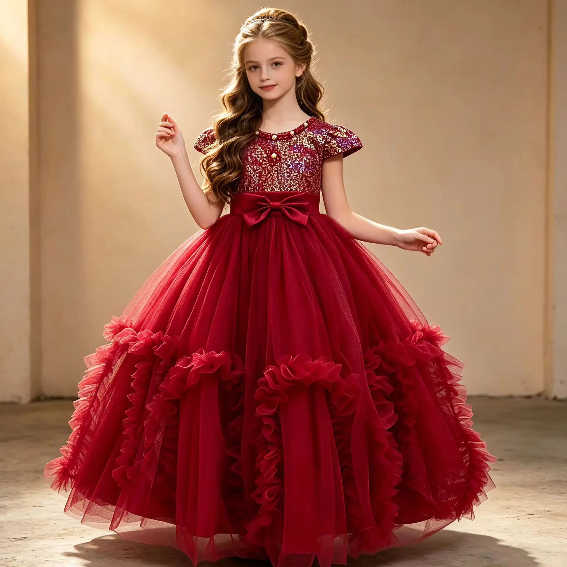 New Flower Girl Dresses For Weddings Fashion Lace Sequin Princess Birthday Party Dress Elegant First Communion For kid 4-14Years