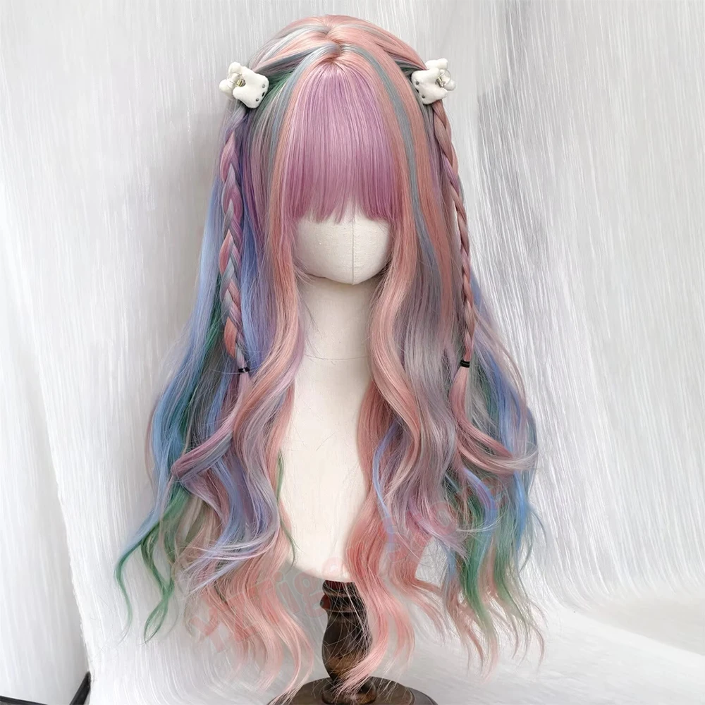 Pastel Rainbow Long Wavy Wig with Bangs for Women Natural Synthetic Hair Cosplay Pink Wigs for Halloween Party Lolita Daily Wear