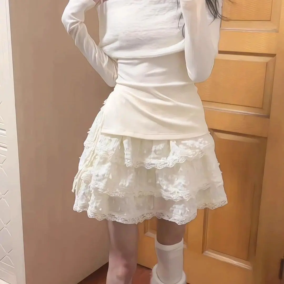 Sweet Yellow Lace Trimmed Princess Style Half Skirt Women's Spring Autumn Winter Puffy Skirts High Waist Cake Skirt