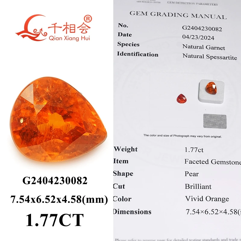 0.91ct -1.76CT pear  shape Natural Florencite Vivid Orange color  Fanta Garnet Spessarite Garnet Loose Gemstone GRC certificated