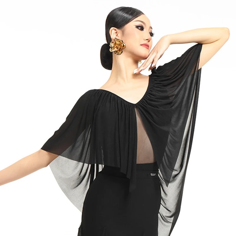 Standard Ballroom Dance Costume Women V-Neck Gauze Dancing Tops Waltz Tango Stage Wear Black Ballroom Practice Dancewear VDL2077