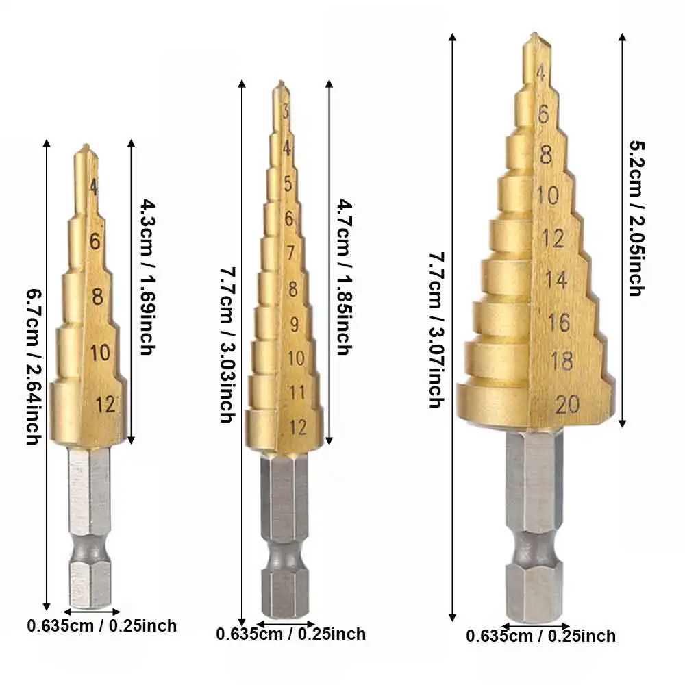 ไทเทเนียมเคลือบขั้นตอนเจาะบิตสําหรับโลหะไม้,4-12 มม.3-13 มม.4-20 มม.เปิดรูเครื่องตัด, ไม้เหล็กความเร็วสูงเจาะชุด Bit