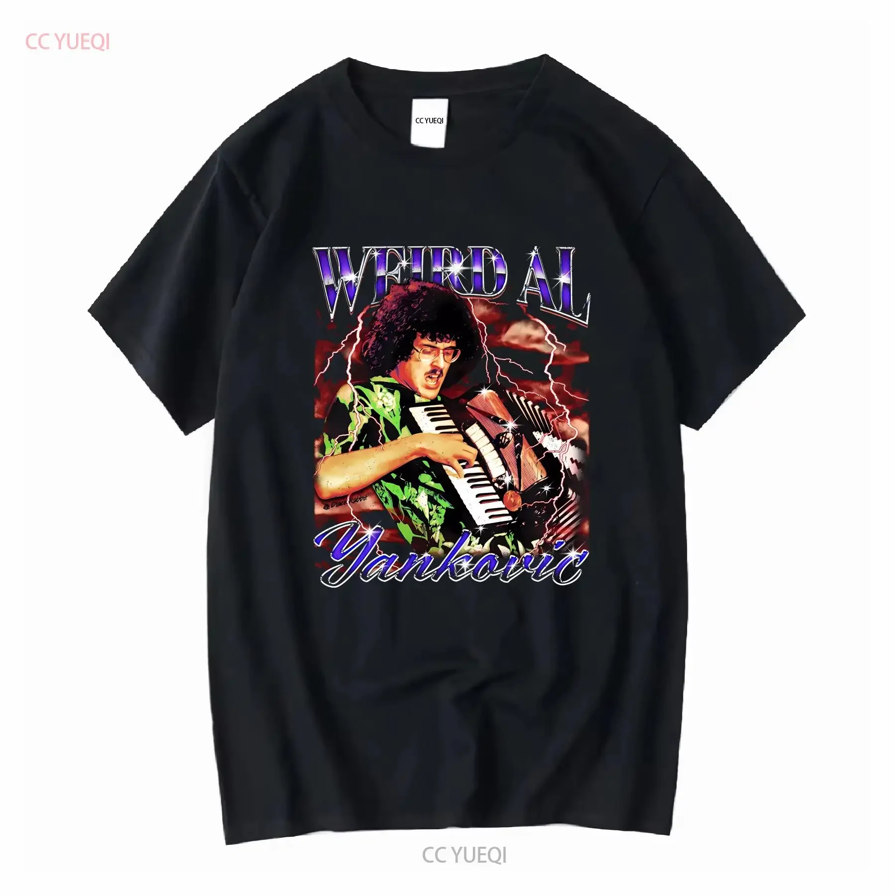 Camiseta Vintage de Algodón Azul Claro de Talla Completa con Estampado de Weird Al Yankovic en Concierto C1808, Mangas Largas, Estilo Vintage, Lavada, Suave, Casual