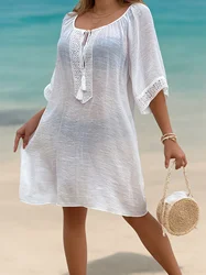 Tassel Tie Neck Contrast Lace Cover Up Dress, Elegant Half Sleeve Oversized Dress, Women's sand barsand beachClothing