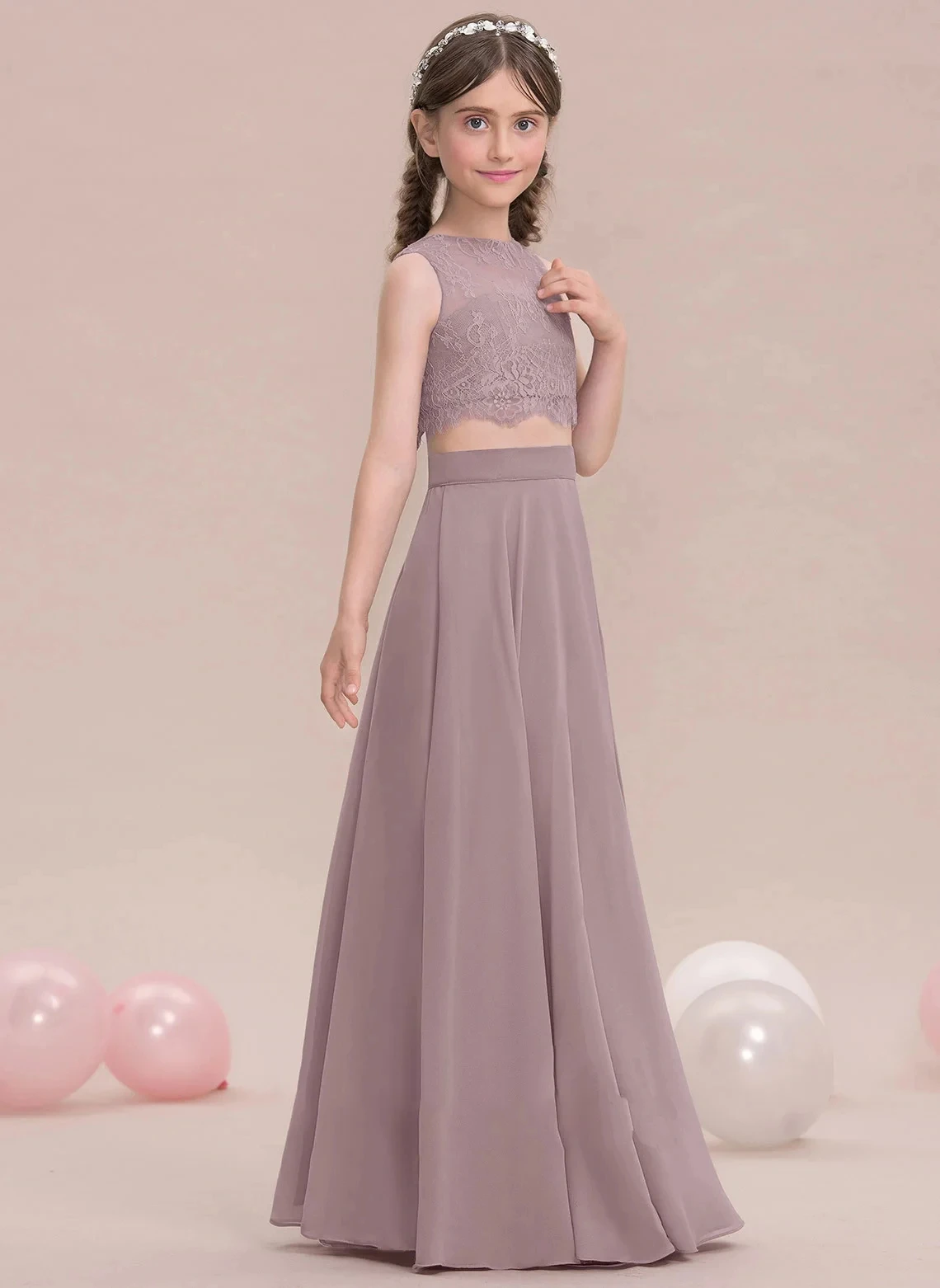 A Line Scoop Floor Length Chiffon Lace Junior Bridesmaid Dress Evening Dress New Elegant Banquet Gowns