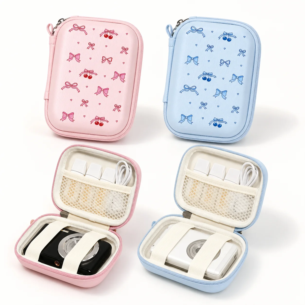 Cute Bow Cherry Mini Camera Case Hard Shell Portable Electronic Accessories Organizer for Women Travel Cables Chargers Earbuds