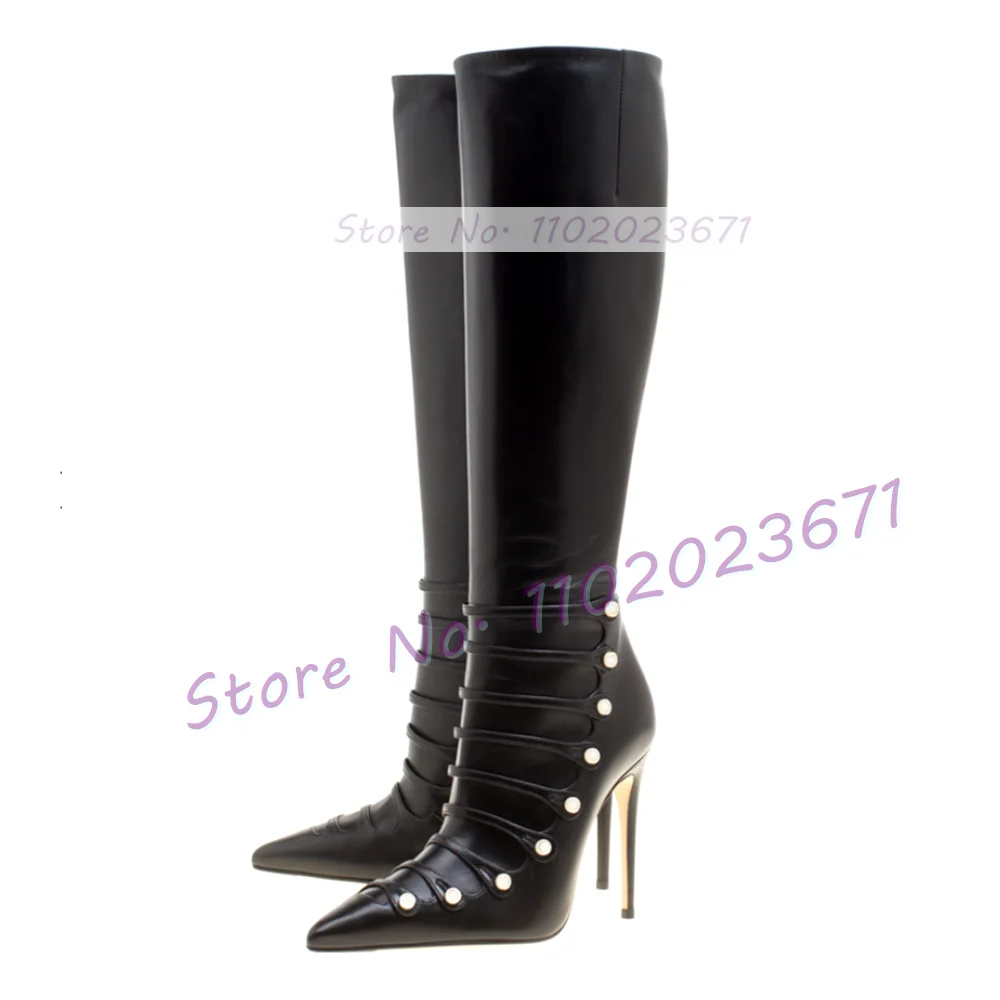 Bottes pointues au genou à lanières noires pour femmes, talons aiguilles, chaussures de fête décontractées, bottes à boutons perlés, fermeture à glissière latérale sexy pour dames