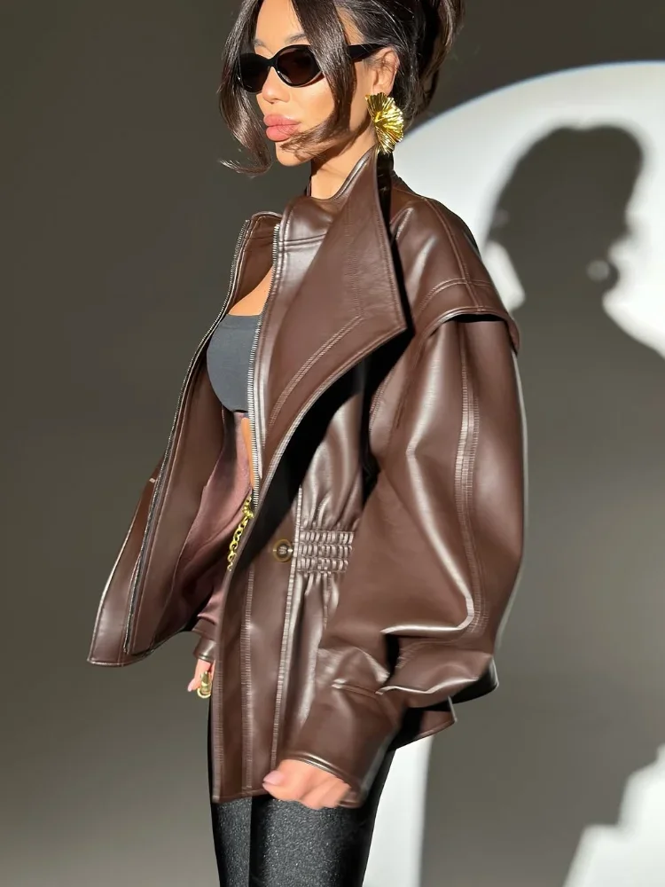 2025 neue Elastische Taille Cinching Braun Leder Jacke Frauen Casual Revers Zipper Mantel Dame Neue Herbst Im Freien Highstreet Outwear
