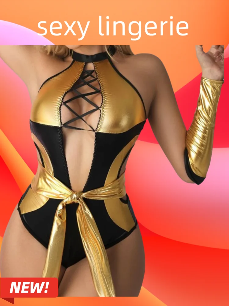 

golden patent leather Sexy porno lingerie Tight fitting Wrap buttocks bodysuit Erotic products Mask arm sleeves accessories hot
