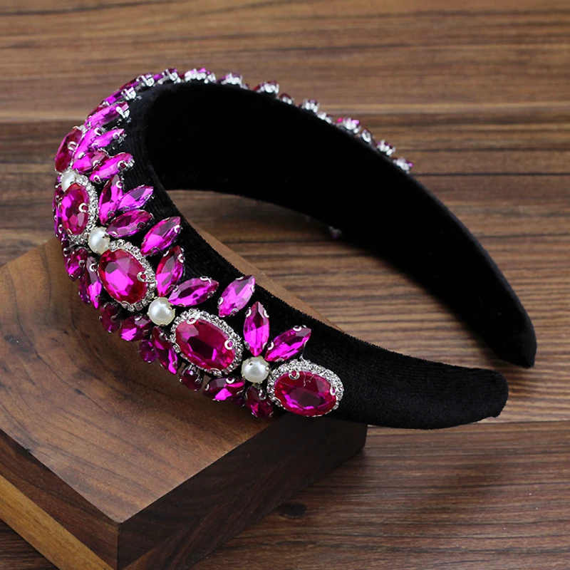 2024 Luxurious Hair Accessories Hot Pink Crystal Padded Hairbands Rhinestone Pearl Baroque Headbands For Women Wedding