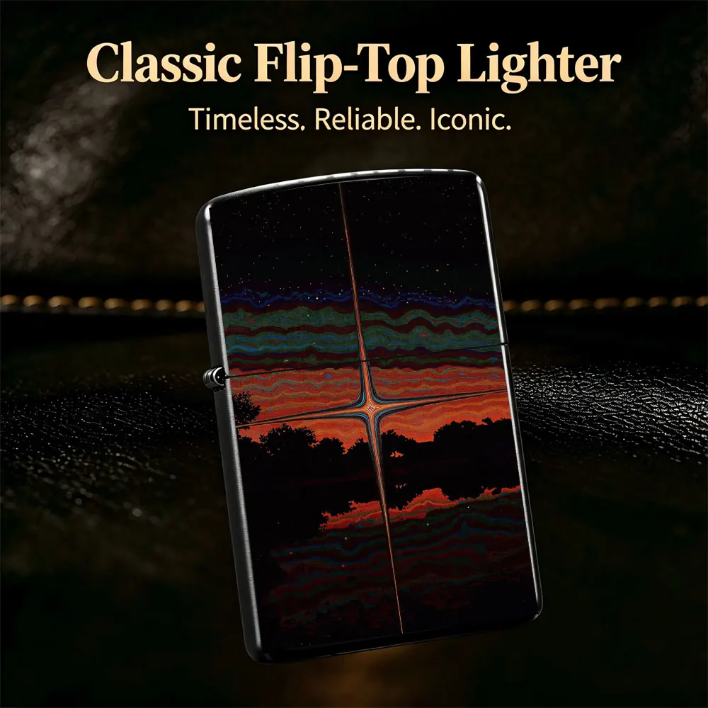 Pocket Lighter, Flip-Top Design, Cross with Sunset Painting, Metal Case, Windproof Flame, Refillable, Portable & Compact, Ideal for Daily Use and Outdoor Adventures, Great Gift for Men and Women