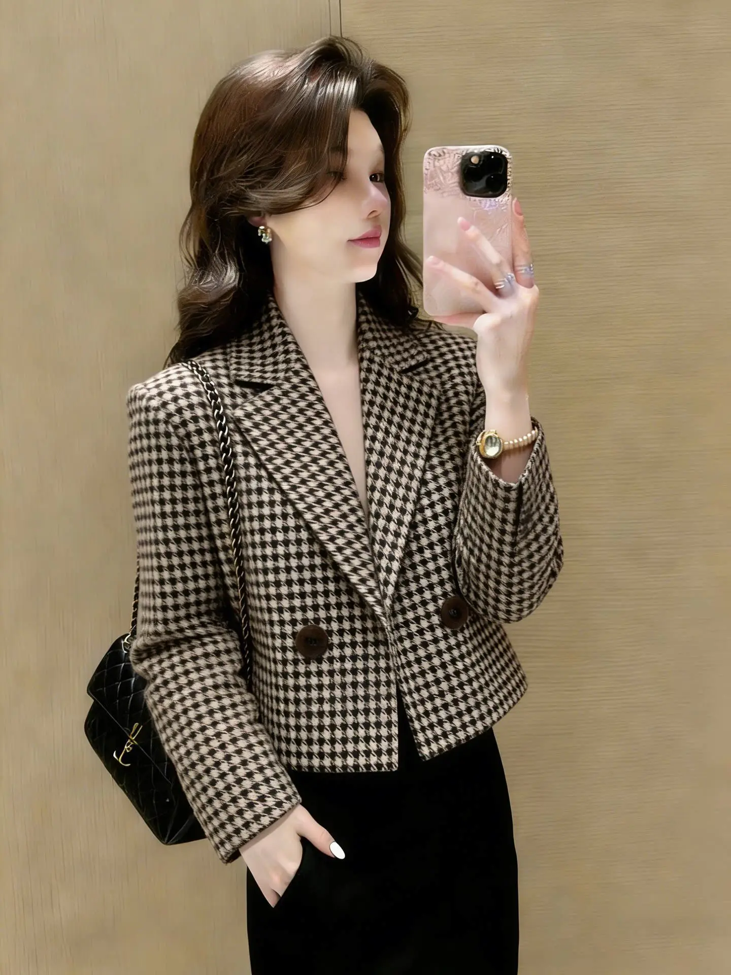 2026 Spring New Popular Big-Looking Short JacketSmall Fragrant Wind Thousand Bird Grid Coat Women Blazer