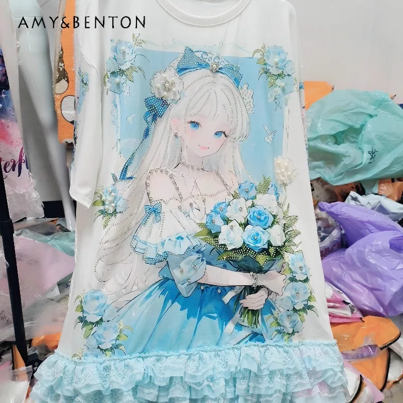 

Heavy Industry Beads Diamond Drills Korean Style Cartoon Girl O-neck T-shirt Sweet Loose Lace Hem Short-sleeved Top Summer Tees