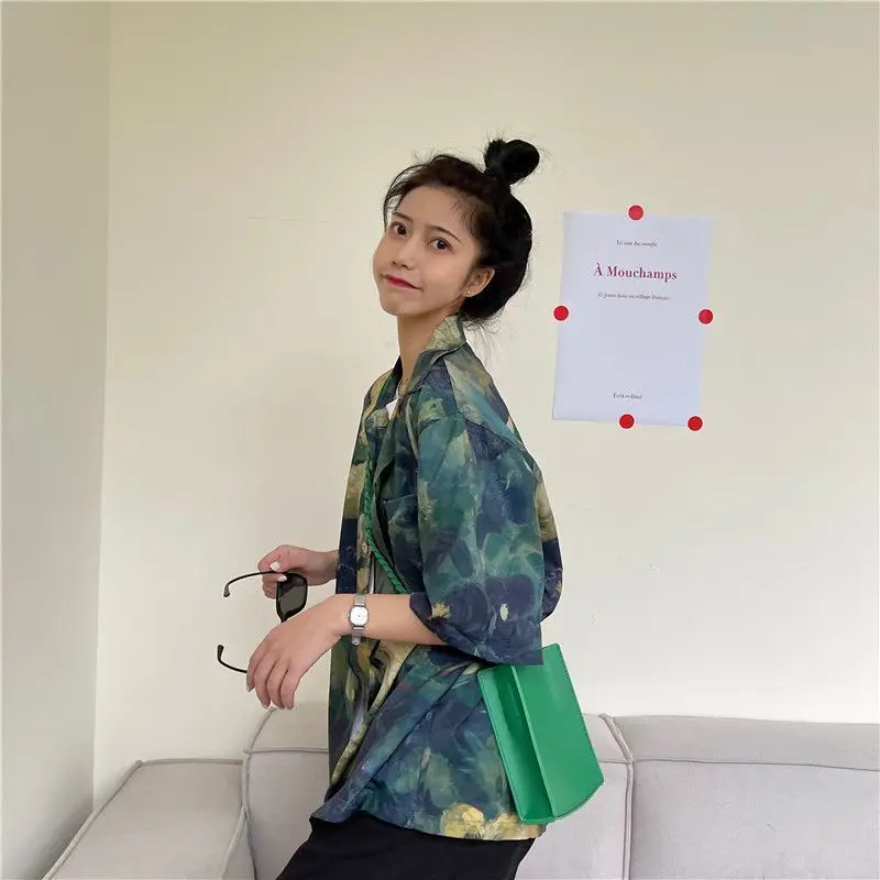 Vintage Korean Fashion Casual Printing Blouses Loose Button Turn-down Collar Handsome 2023 Women's Clothing Summer Thin Cardigan