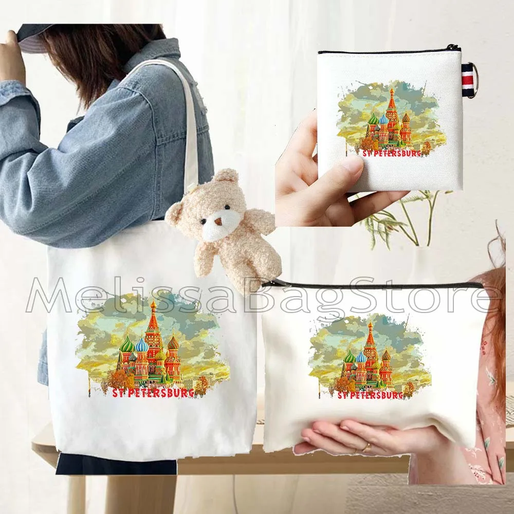 4PCS Gifts Saint Petersburg Russia White Canvas Tote Bag Handbag with Doll Key Coin Purse Cosmetic Makeup Toilet Bag Case Pouch