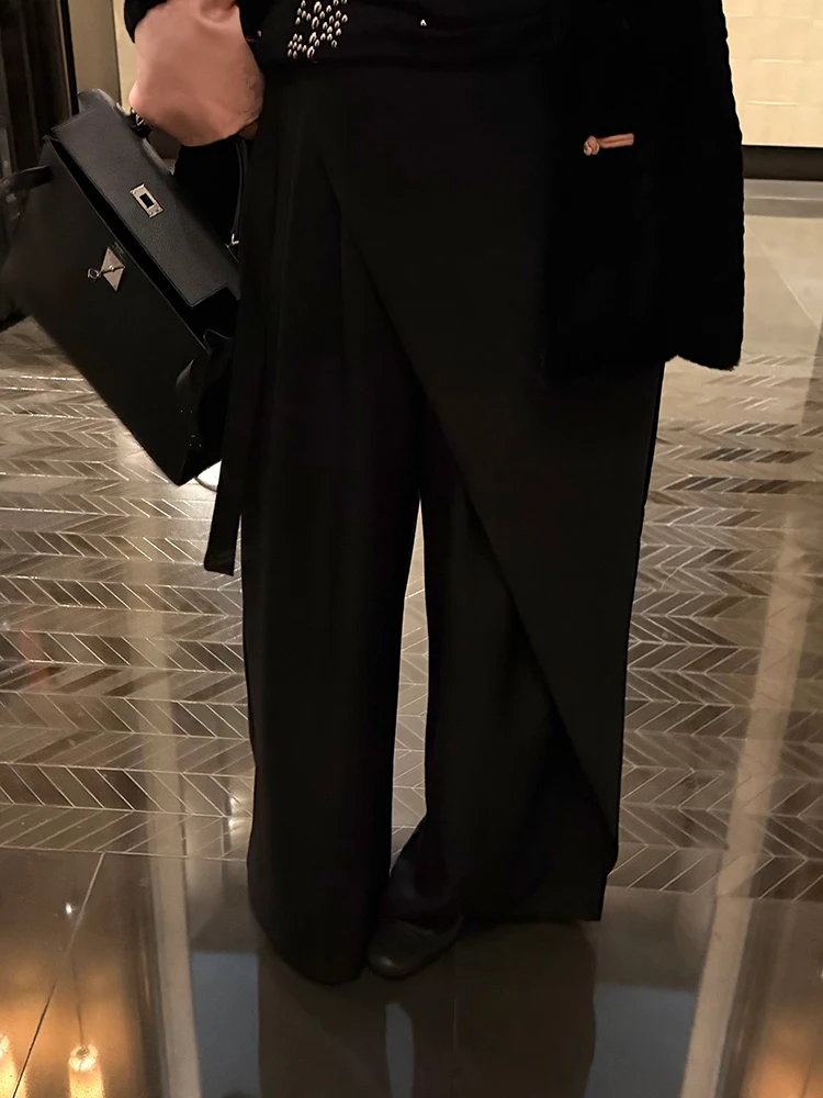 

Привлекательные ретро-брюки с высокой талией и широкими штанинами для женщин больших размеров, с декоративным поясом, визуально стройнящие, для весеннего повседневного образа