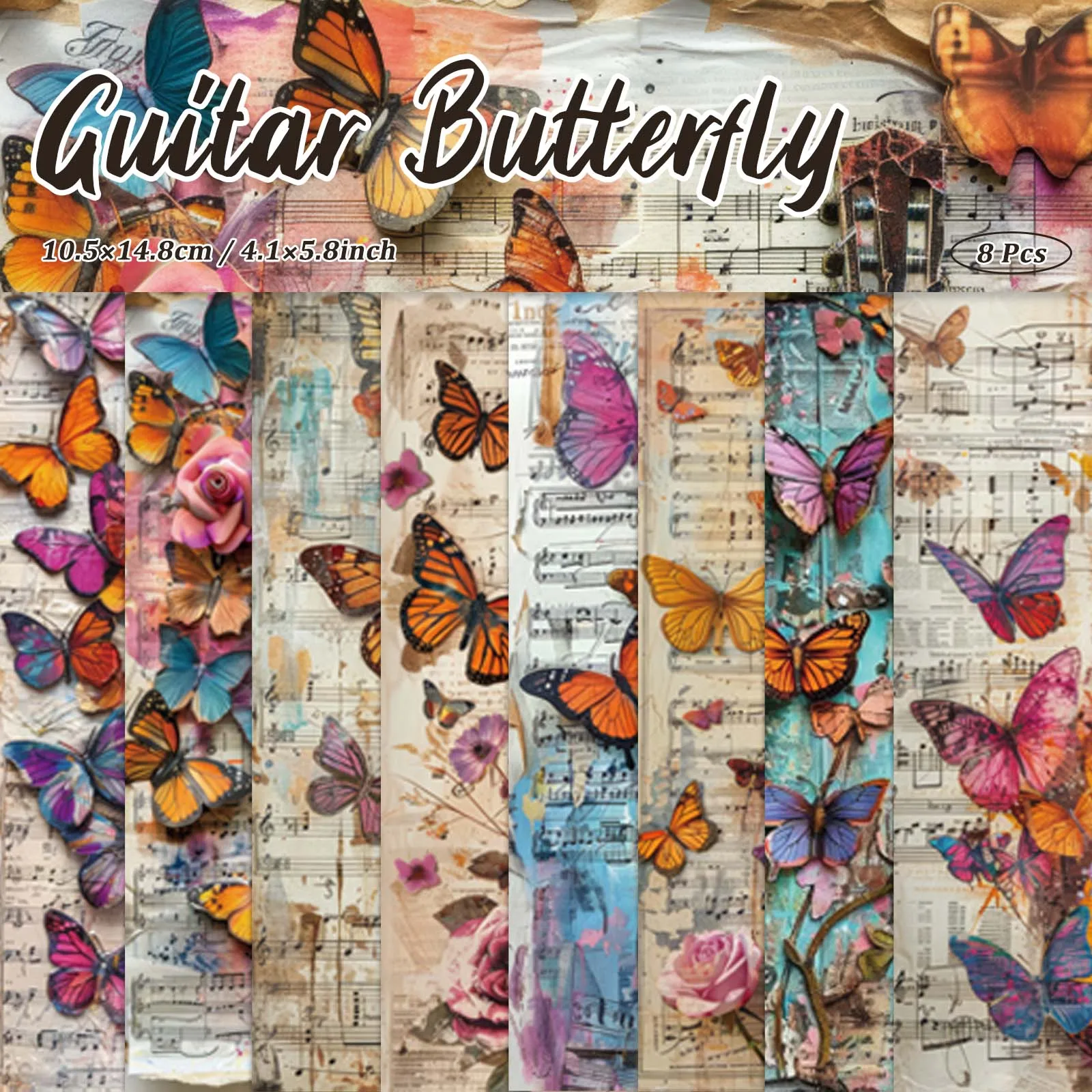 8 Blatt Vintage-Schmetterlings-Dekorpapier, Handkonto, Tagebuch, Dekorationsmaterial, Papier, DIY, Scrapbooking, Collagenmaterialien