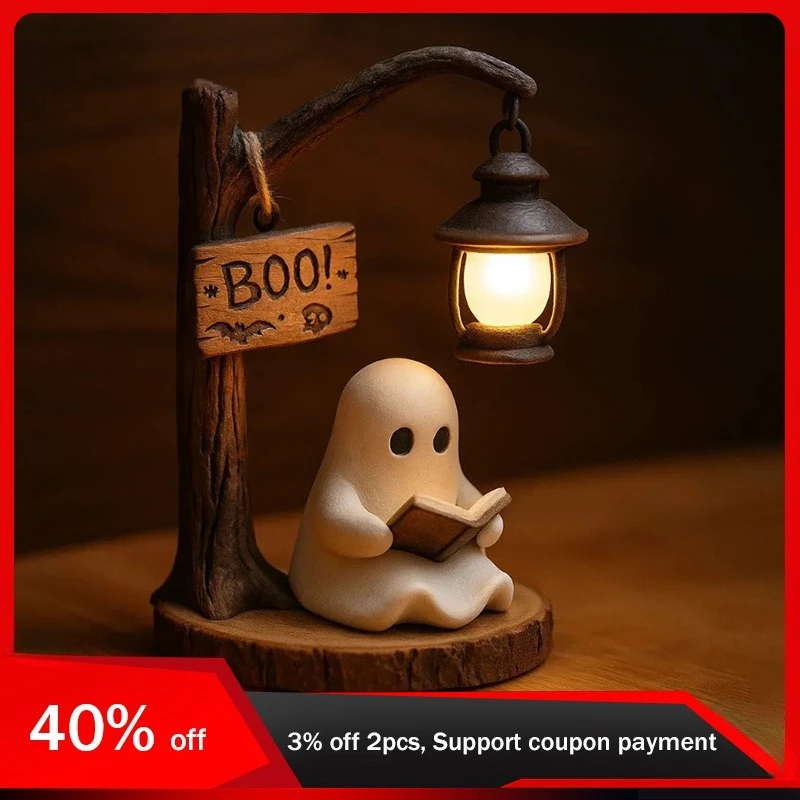 

16cm/6.3in Cute Ghost Reading Lantern Resin Halloween Luminous Toy Collectible Table Top Display Bedroom Decoration Holiday Gift